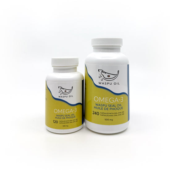 Omega-3 Seal Oil capsules bottle with a seal logo in both 120 capsules and 240 capsules